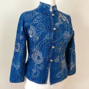 Chico's Embroidered Denim Jacket Mandarin Collar Toggle Button Blazer size 14-16